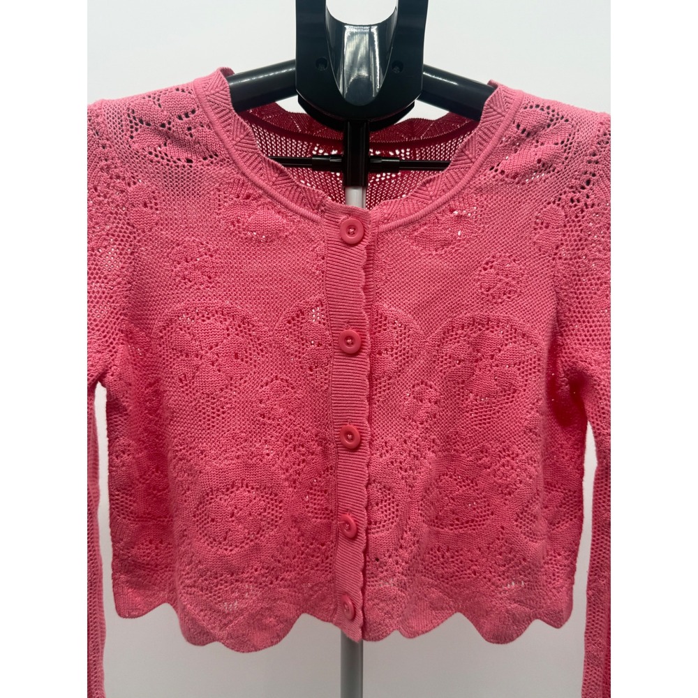 LoveShackFancy Muriel Pink Pointelle Knit Cropped‎ Cardigan Scalloped Hem M READ
